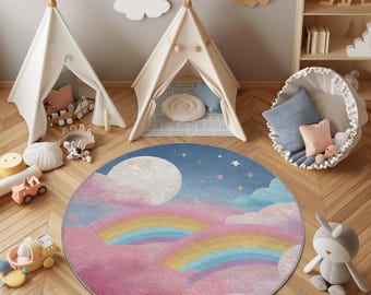 Verträumter Regenbogen Mond Wolke Kinderzimmer Teppich, Rosa Blauer Spielzimmer Teppich, Kinder Zelt Matte