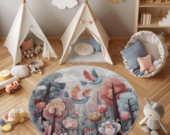 Round Kids Rug: Washable Nursery Carpet, Birds & Flowers