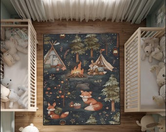 May include: A nursery scene with a forest-themed rug depicting foxes, tents, and a campfire. Two wooden cots are positioned on either side of the rug, each filled with soft toys. The rug's design includes trees, lanterns, and a starry night sky, creating a cosy, imaginative space.