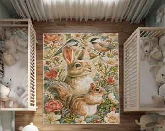 Vintage-Teppich mit Waldmotiven wie Hase, Eichhörnchen, Vogel und Blumen, Cottagecore-Gartendekoration mit Waldtieren