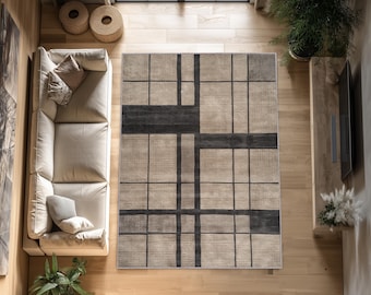 Modern Geometric Area Rug, Beige Black Grid Carpet, Minimalist Home Decor