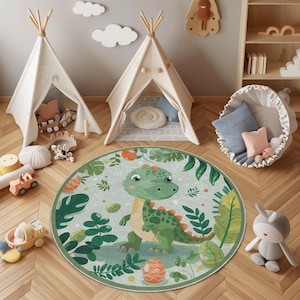 Round Dinosaur Rug – Cute Green Dino Carpet for Kids Room, Nursery or Play Area | Jungle Theme | Soft, Washable, Non-Slip Mat