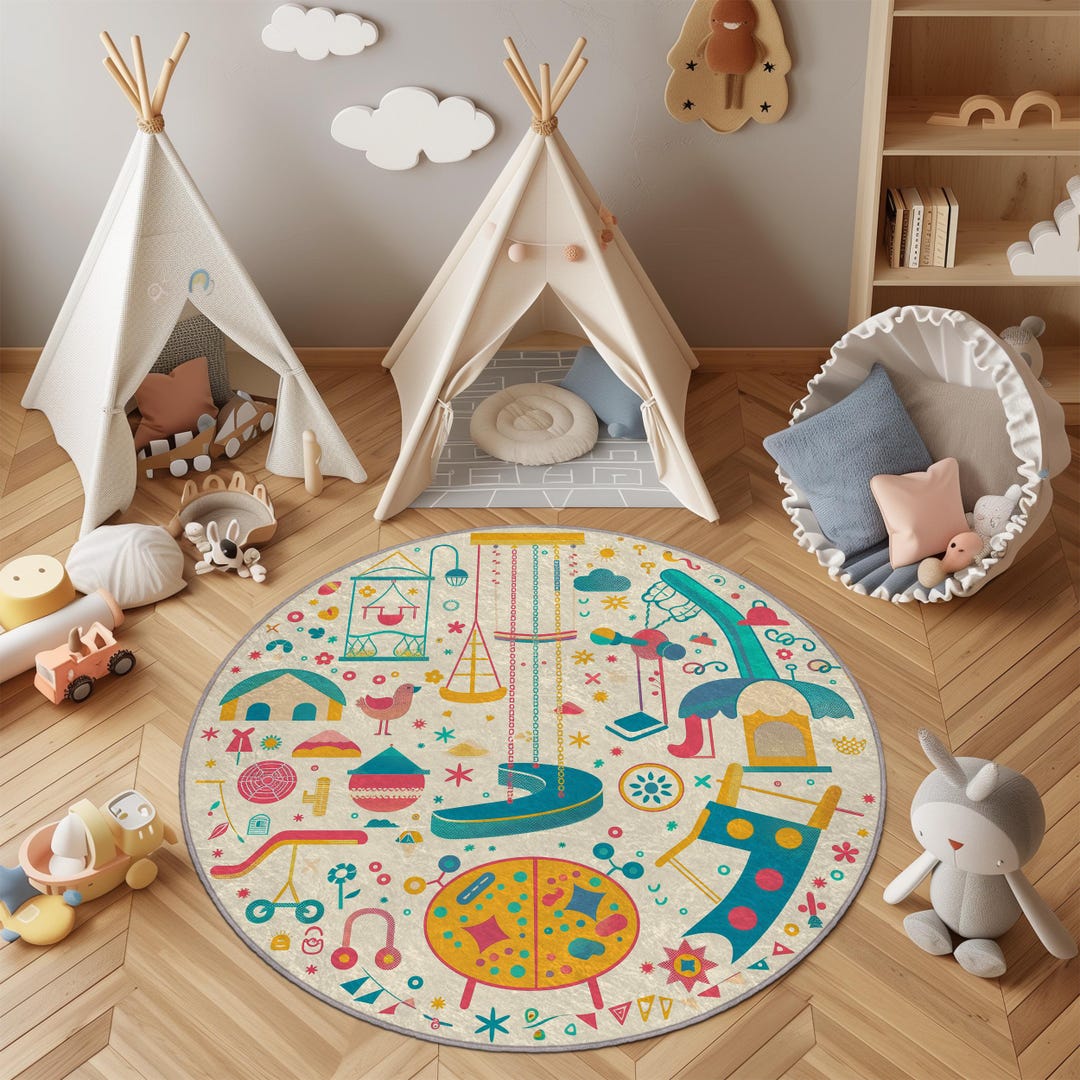 Round Kids Play Rug, Colorful Nursery Floor Mat, Non-slip Leather Base ...