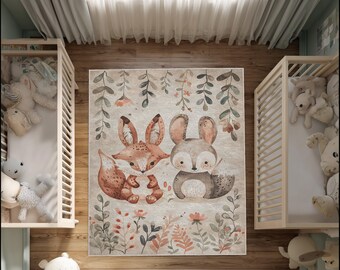 Tapis pour enfants Fox Bunny : tapis de chambre de bébé Woodland en velours