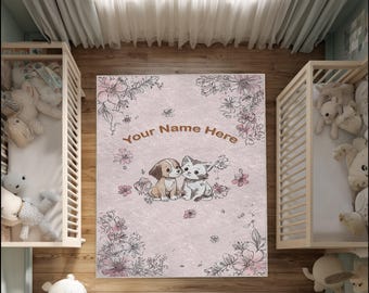 Personalized Puppy & Kitten Nursery Rug: Pink Floral Baby Room Carpet