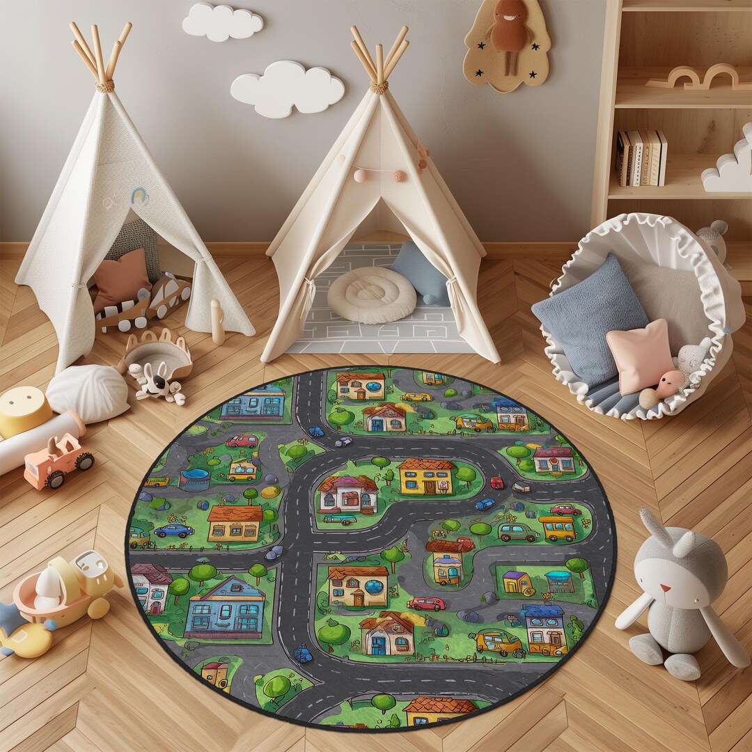 City Child Map Rug Round City Road Map Rug for Kids Room, Educational Play Carpet With ...