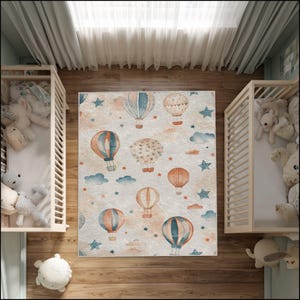 Hot Air Balloon Kids Rug: Sky Nursery Carpet, Soft Pastel Colors