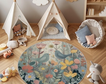 Blauer Vogel Blumen Kinder Teppich: Waschbar