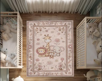 Alfombra de safari para habitación de bebé: adorable jirafa, león, elefante y mono con fondo floral rosa. Suave alfombra para habitación de bebé.