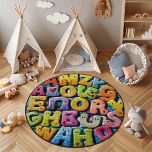 Runder Alphabet-Kinderteppich, bunter Buchstabenteppich für Kinderzimmer und Spielzimmer, lernfähige Babyzimmer-Bodenmatte