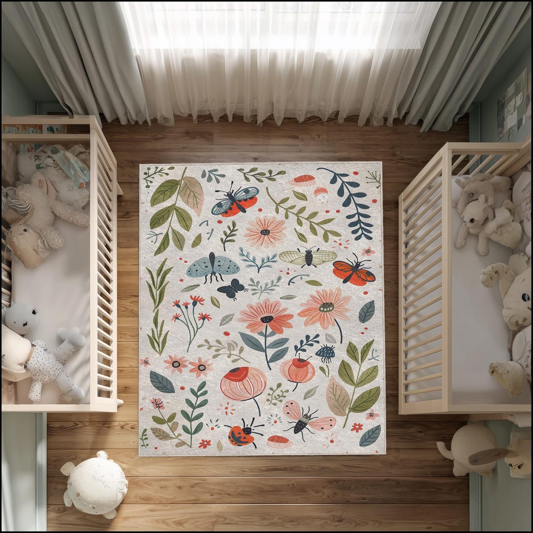 Nursery Rug Texture Boho Nursery Rug | Botanical Moths, Ladybugs, Wildflowers | Leather or ...