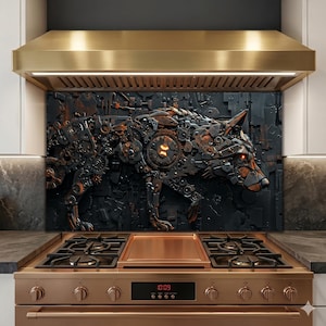 Puede incluir: Un protector contra salpicaduras de cocina con una detallada escultura metálica de un lobo hecha de engranajes y piezas mecánicas. La obra de arte está sobre un fondo oscuro, con tonos cobrizos y bronce. La estufa y la campana extractora son visibles debajo.