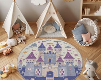 Kids Castle Rug: Round Nursery Carpet, Princess Fortress Decor