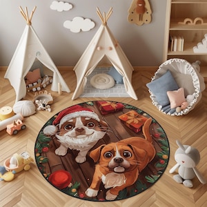 Christmas Puppy Kids Rug: Round Nursery Playroom Carpet