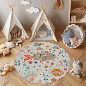Colorful Fish Nursery Round Rug - Underwater Ocean Theme Baby Play Mat | Sea Life Kids Carpet | Washable & Non-Slip Room Rug