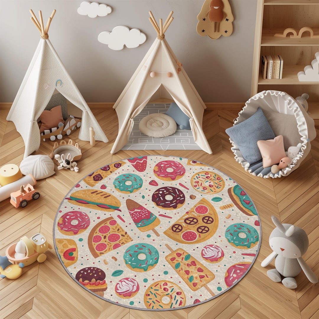 Donut and Pizza Round Kids Rug, Playroom Decor, Non-slip - Etsy