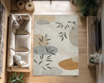 Abstract Leaf Area Rug: Modern Earthy Tones, Minimal Zen Style
