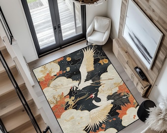 Asian Crane Rug: Oriental Floral Design, Zen Boho Decor
