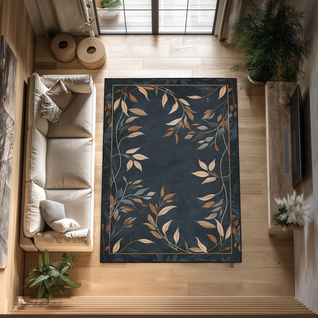 ディープインク ボタニカルラグ：葉のアクセント、洗えるエリアラグ