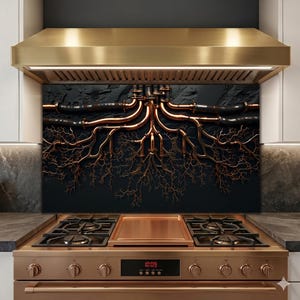 Pode incluir: Painel de cozinha cor de cobre com um design de raízes de árvore contra um fundo preto texturizado. A imagem também mostra um exaustor cor de cobre e um fogão a gás com uma placa de fogão cor de cobre.