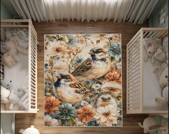 Vintage-Teppich mit Spatzen- und Igelmotiv, Gartendeko im Cottagecore-Stil mit Waldtiermotiven, verspielter Akzent fürs Kinderzimmer