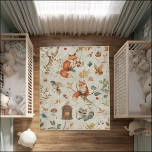 Woodland Animals Kids Rug – Soft Beige Forest Play Mat with Fox, Raccoon - Birds, Cute Nursery Carpet for Toddlers & Playroom