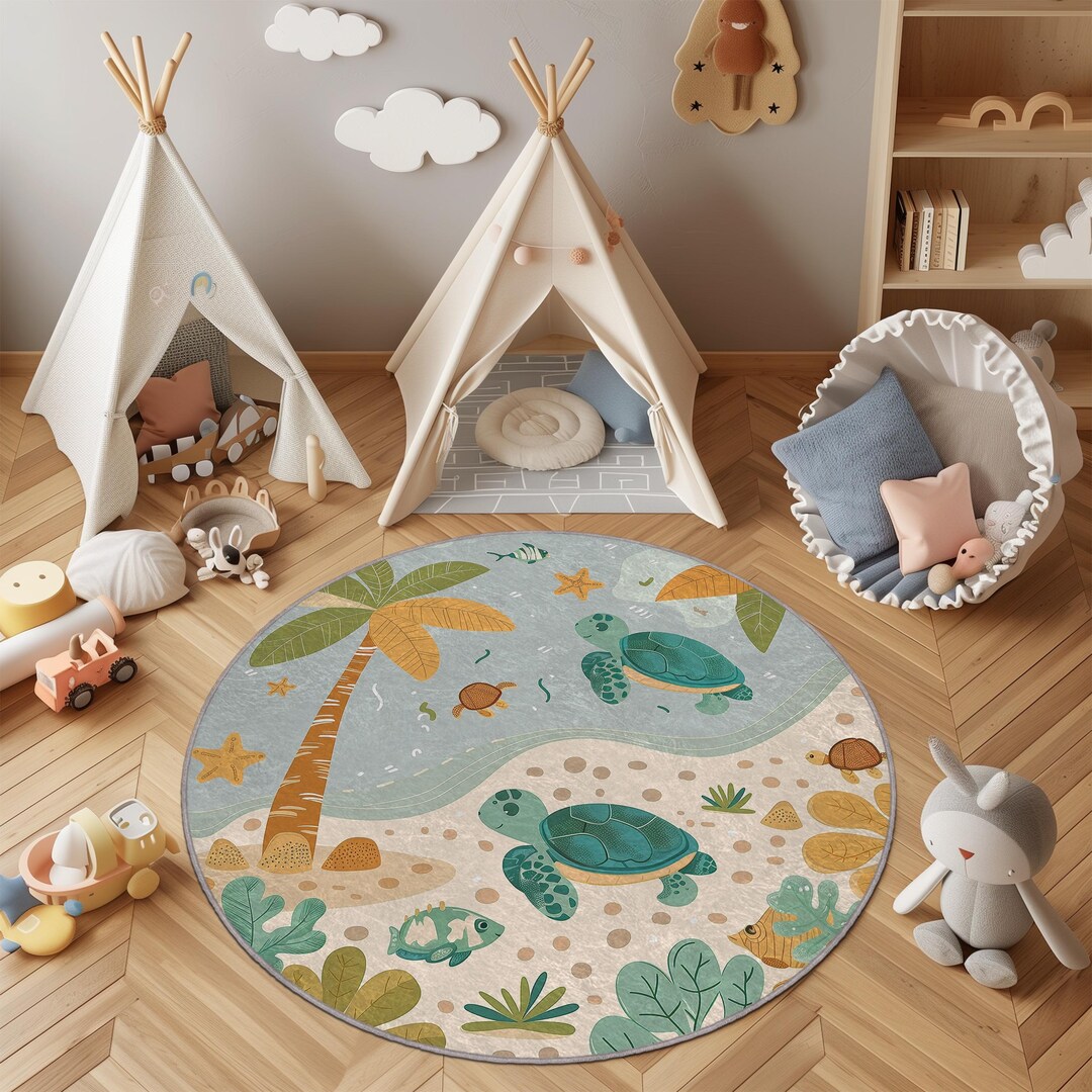 Baby Turtle Rug Sea Turtle Round Rug | Ocean Nursery Decor, Leather or Puffy Base - Etsy