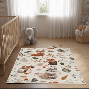 Woodland Animals Rug for Kids Room – Soft Washable Nursery Carpet with Fox, Raccoon & Leaves – Cute Fall Play Mat for Baby Room