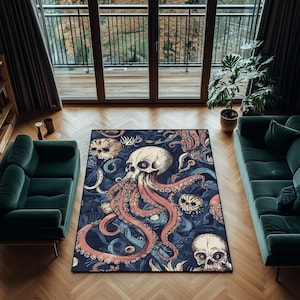 Kraken Octopus Skull Velvet Rug: Gothic Nautical Home Decor