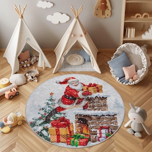 Santa Claus Kids Rug: Round Christmas Nursery Carpet, Leather or Puffy Base