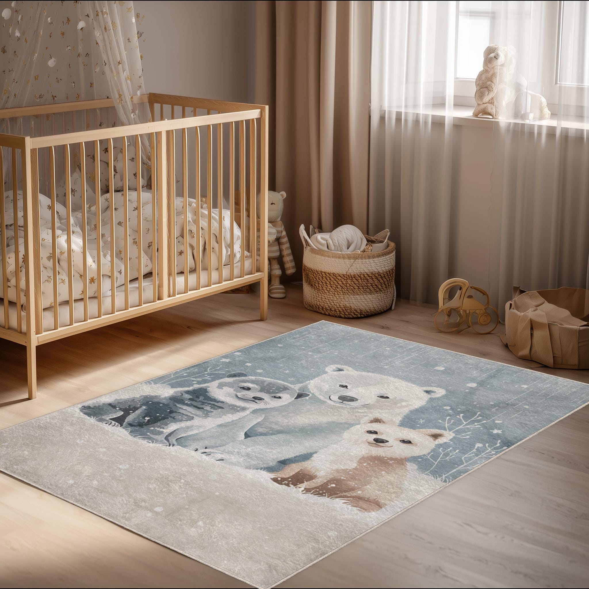 冬の動物たちをモチーフにした子供用ラグ：北極圏の子供部屋用