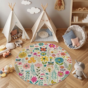 Floral Kids Rug – Round Nursery Carpet with Colorful Flowers and Butterflies | Soft Baby Play Mat for Toddler Girl Room and Spring Decor