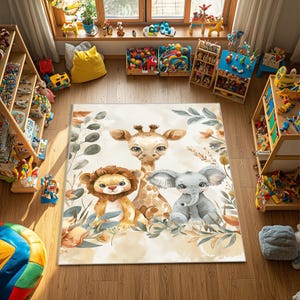 Waschbarer Safari Dschungel Kinderteppich - Elefant Giraffe Löwe Kinderzimmer- oder Spielzimmer - weiche waschbare Samt-Bodenmatte
