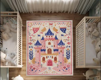Princess Castle Kids Rug: Pink Nursery Playroom Carpet, Non-Slip Washable Mat