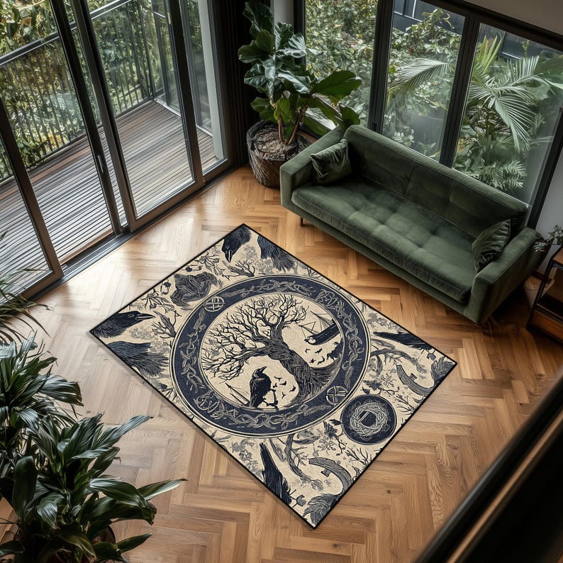 Nordic Tree of Life Rug: Yggdrasil, Ravens & Runes - Mythic Decor image 4