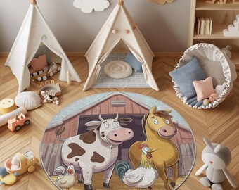 Runder Teppich mit Bauernhoftieren: Rutschfeste Spielmatte für Kinderzimmer