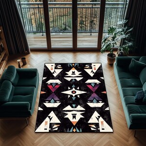 Geometric Abstract Rug – Modern Tribal Style Black Carpet for Living Room – Washable Velvet Floor Mat with Bold Patterns