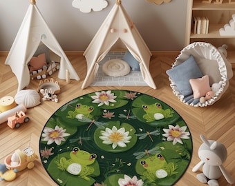 Frosch-Teich-Kinderteppich, runder Kinderzimmer-Spielzimmerteppich