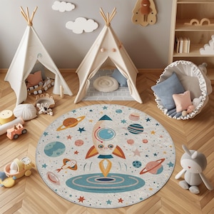 Round Rocket Space Rug – Cute Planets Theme for Kids Room | Galaxy Nursery Carpet | Washable Non-Slip Baby Play Mat