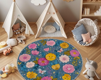 Lächelnde Blume Kinderteppich: Waschbare Spieldecke mit Leder oder Puffy Basis
