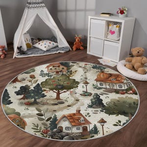 Tapete de brincar Whimsical Village para quarto infantil – Tapete macio e lavável com estradas, casas, árvores – Tapete educacional antiderrapante