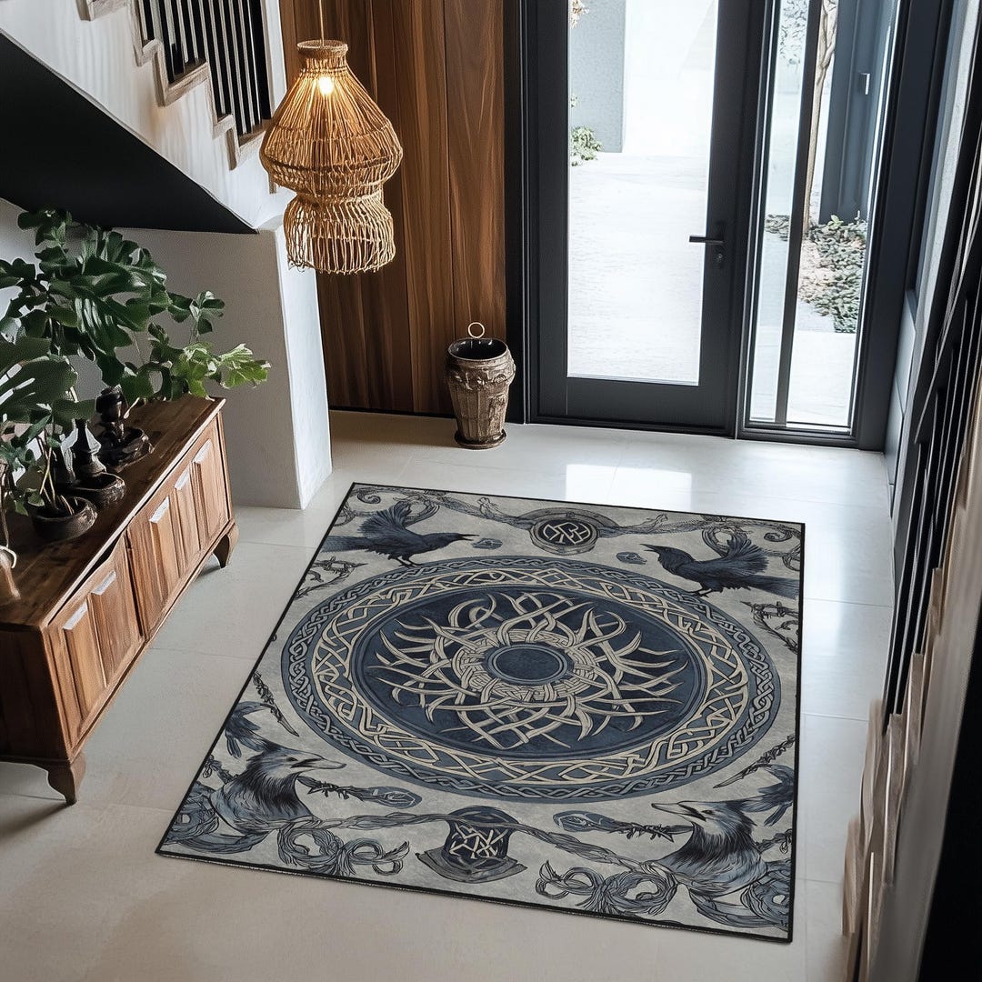 Blue Rune Rug Nordic Raven Rug: Viking Rune, Dark Blue Beige Velvet Feel - Etsy