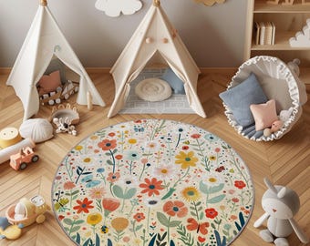 Rainbow Flower Meadow Round Floor Mat, Colorful Wildflower Rug
