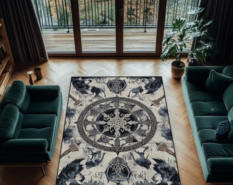 Viking Compass Rug: Norse Mythology Wolves & Ravens - Washable