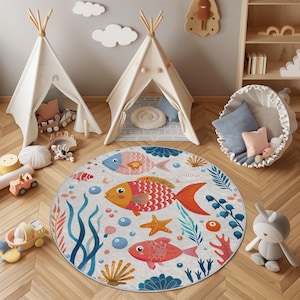 Underwater Kids Rug – Round Nursery Carpet with Colorful Fish and Ocean Theme | Soft Baby Play Mat for Toddler Room and Sea Life Decor