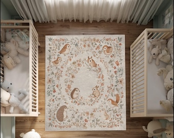 Alfombra infantil con animales del bosque: suave y antideslizante, con conejito, erizo y pájaros. Alfombra de juegos inspirada en la naturaleza.