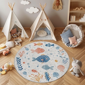 Underwater Theme Kids Round Rug - Ocean Fish Play Mat for Baby Nursery Room | Cute Sea Life Carpet | Washable & Non-Slip Rug