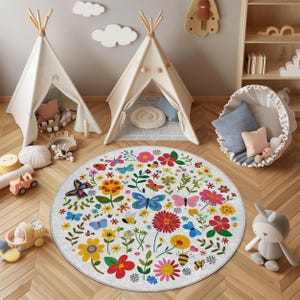Round Floral Butterfly Nursery Rug – Colorful Baby Play Mat for Girls Room | Soft Washable Carpet | Kids Bedroom Decor