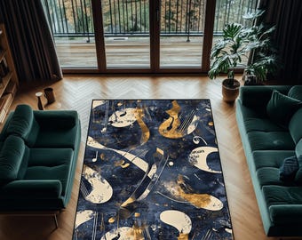 Marineblau & Gold Abstrakter Teppich: Moderner Jazz Stil, Waschbarer Teppich