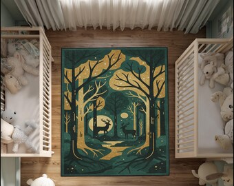 Handgeknüpfter Wald Teppich in Grün & Gold